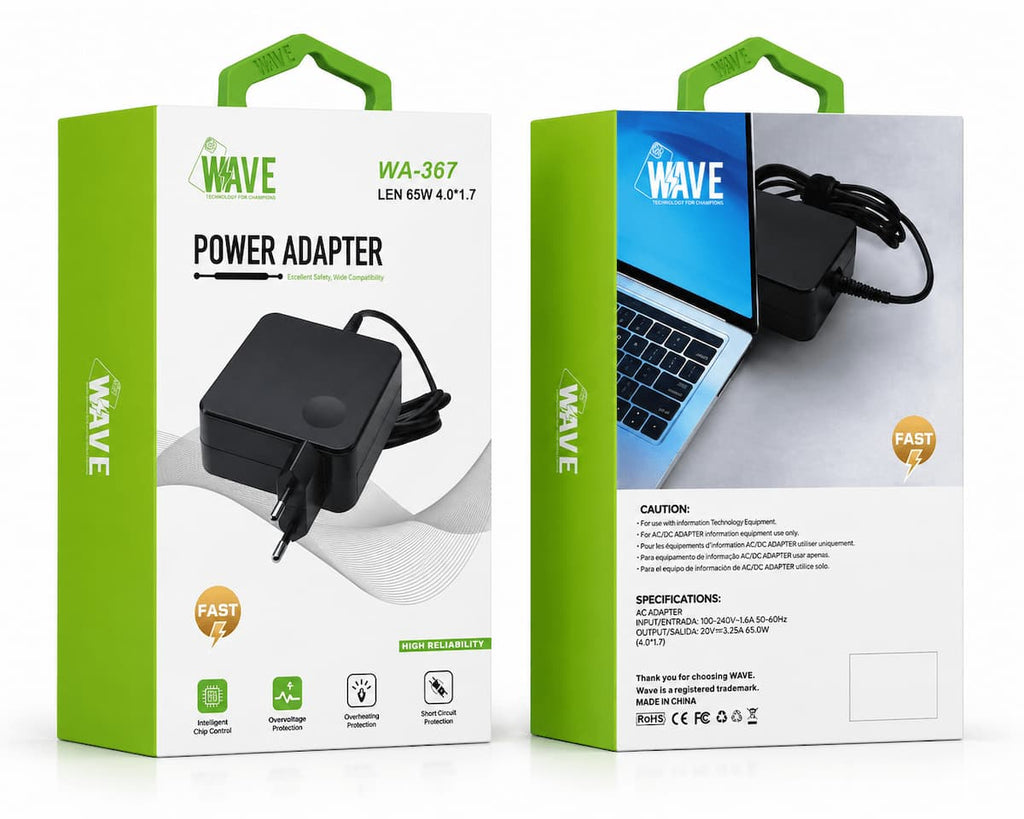 Wave WA-367 Lenovo laptop oplader 65W met 4.0×1.7 mm aansluiting in verpakking voor Lenovo IdeaPad en Yoga laptops