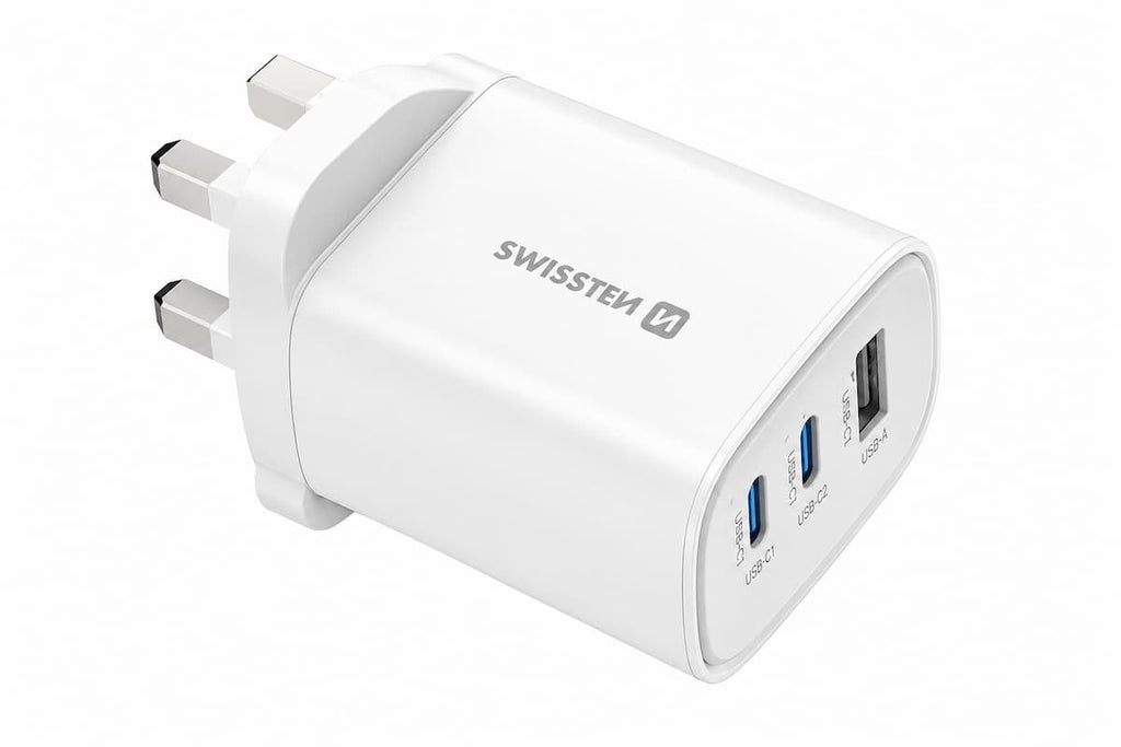 Swissten Edge GaN Reise-Ladegerät 65W UK Stecker – 2x USB-C PD + USB-A QC3.0 – Weiß