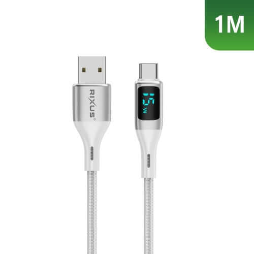 Rixus RXUC29AC Braided USB-A To USB-C Cable With LED Display White