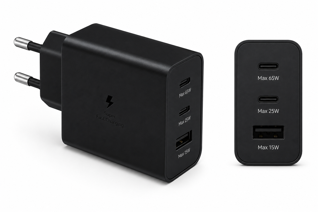 Samsung 65W Power Adapter Trio – 2x USB-C & 1x USB-A Super Fast Charger – Zwart (Retail)