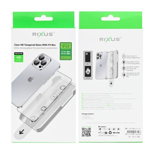 Rixus Clear HD Tempered Glass With Fit Box For Apple iPhone 17 Pro Max, 18 Pro Max