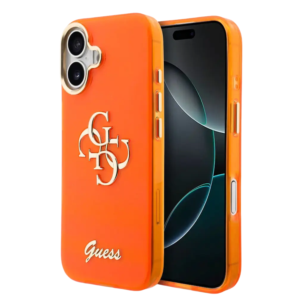 Guess IML 4G Script Metal Logo Hoesje – iPhone 17 Oranje - Back cover