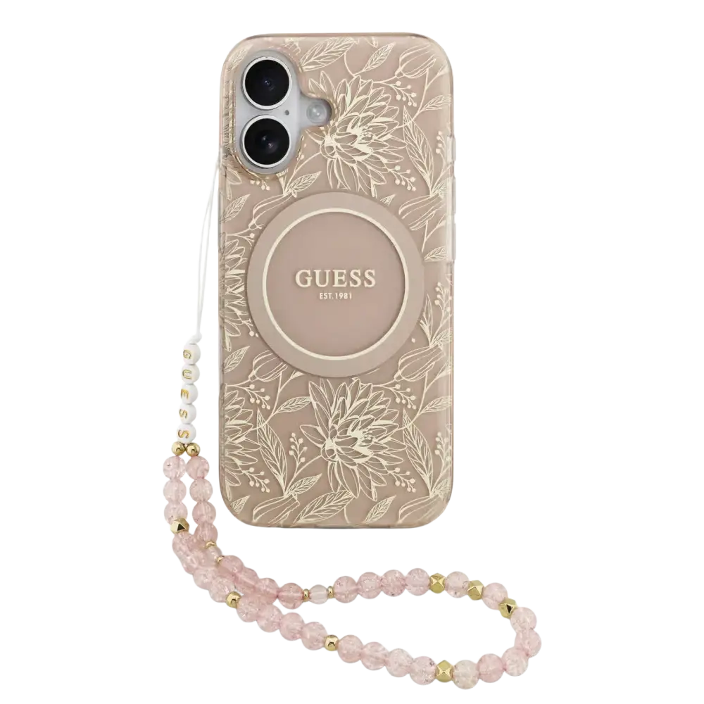 Guess IML Flowers Allover Hoesje met MagSafe en koord – iPhone 17 Roze - Back cover draagkoord