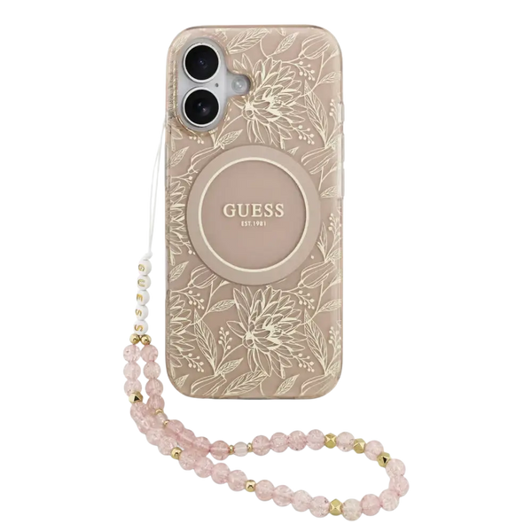 Guess IML Flowers Allover Hoesje met MagSafe en koord – iPhone 17 Roze - Back cover draagkoord