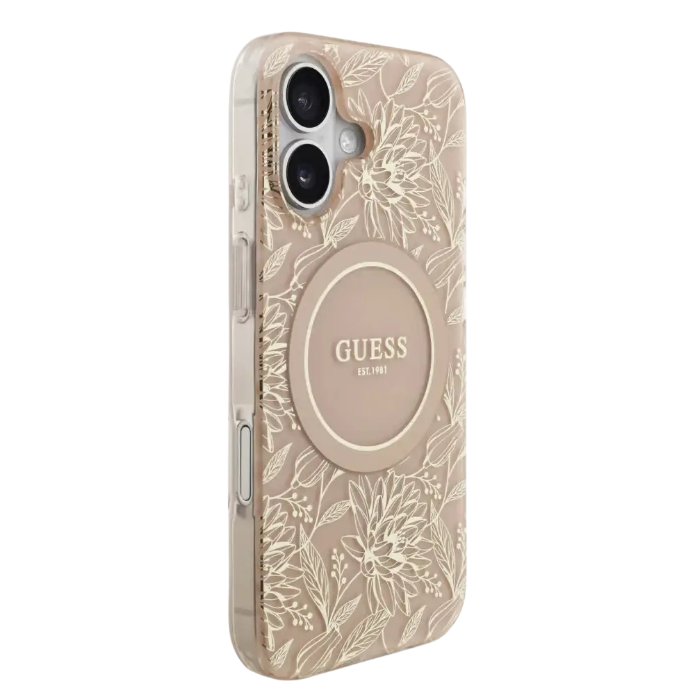 Guess IML Flowers Allover Hoesje met MagSafe en koord – iPhone 17 Roze - Back cover draagkoord