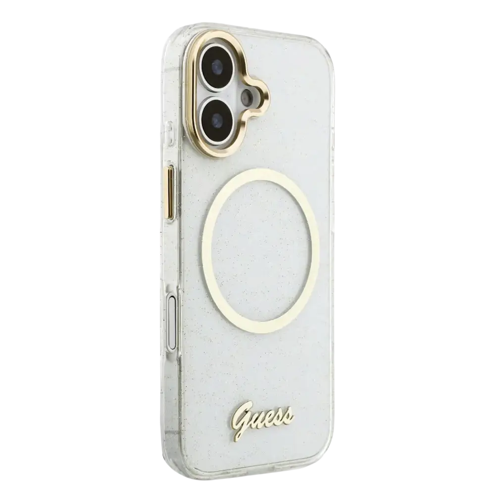 Guess IML Glitter Script Strap MagSafe Hoesje – iPhone 17 Transparant - Back cover met draagkoord