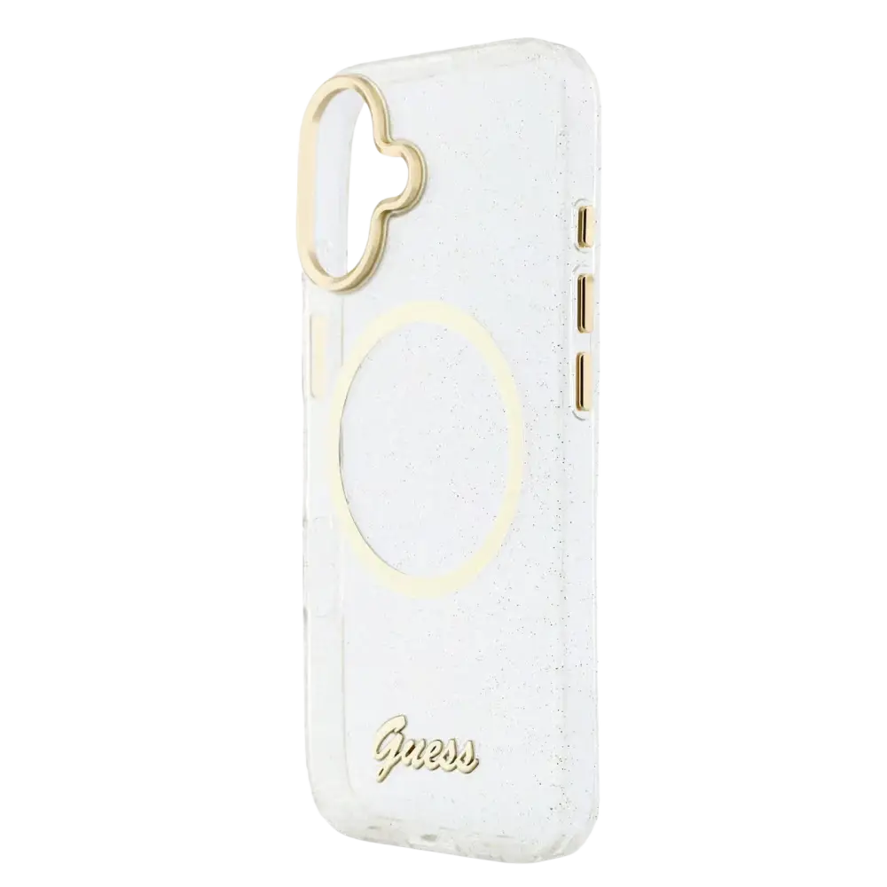 Guess IML Glitter Script Strap MagSafe Hoesje – iPhone 17 Transparant - Back cover met draagkoord