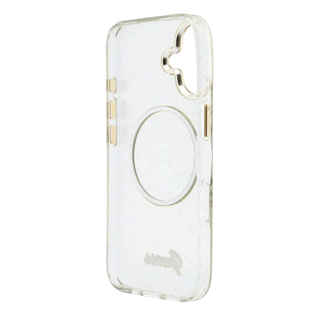 Guess IML Glitter Script Strap MagSafe Hoesje – iPhone 17 Transparant - Back cover met draagkoord
