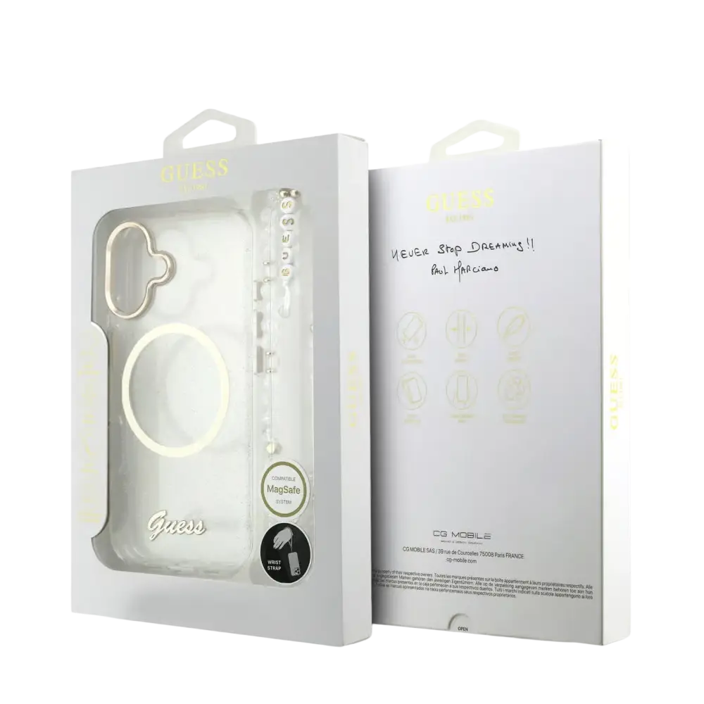 Guess IML Glitter Script Strap MagSafe Hoesje – iPhone 17 Transparant - Back cover met draagkoord
