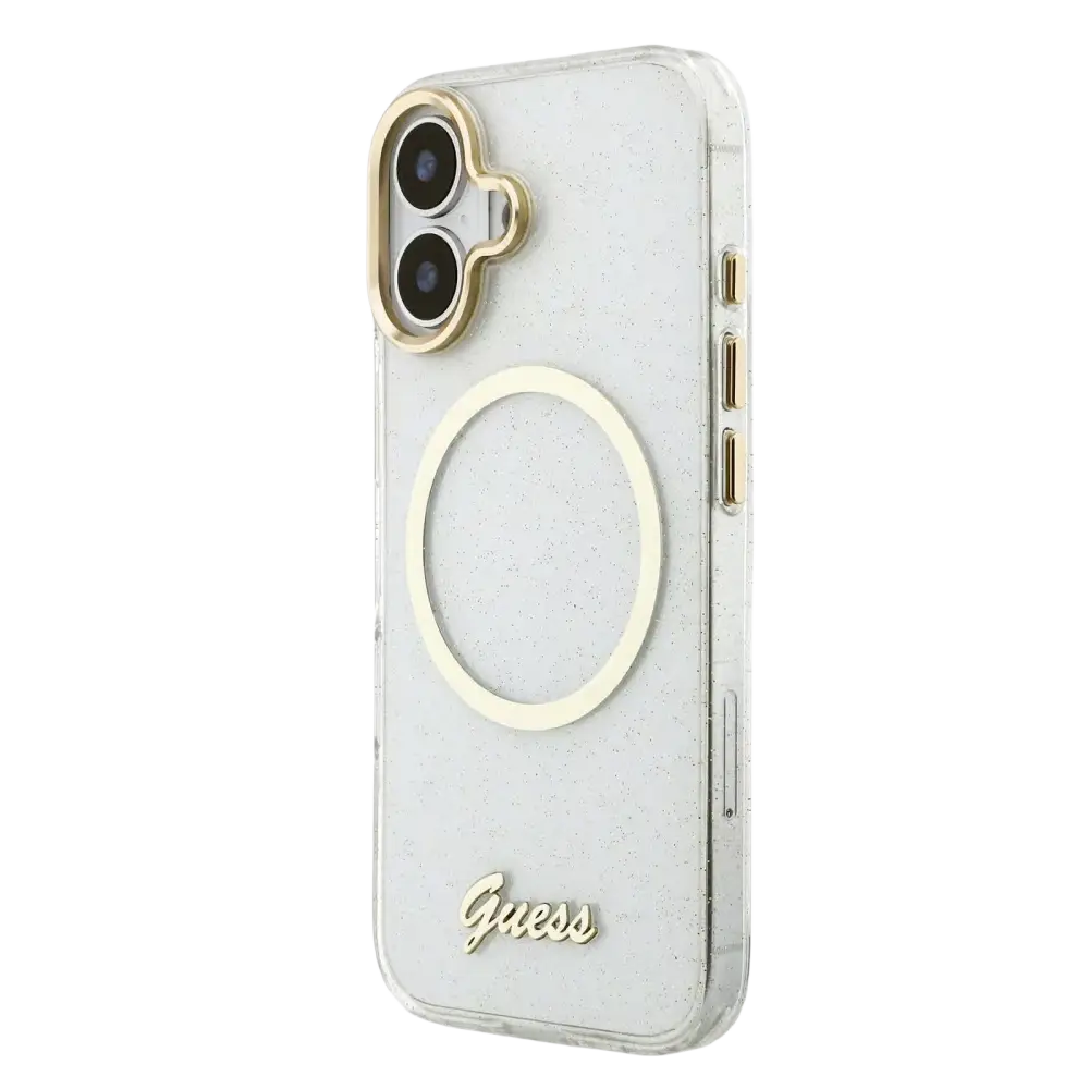 Guess IML Glitter Script Strap MagSafe Hoesje – iPhone 17 Transparant - Back cover met draagkoord