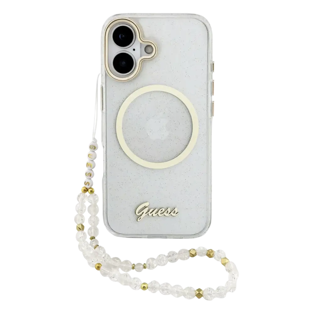 Guess IML Glitter Script Strap MagSafe Hoesje – iPhone 17 Transparant - Back cover met draagkoord