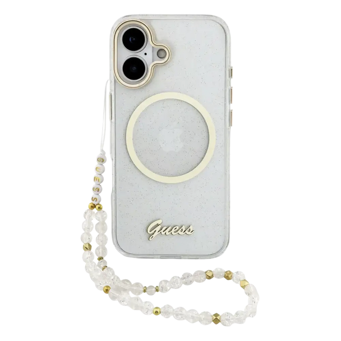 Guess IML Glitter Script Strap MagSafe Hoesje – iPhone 17 – Transparant