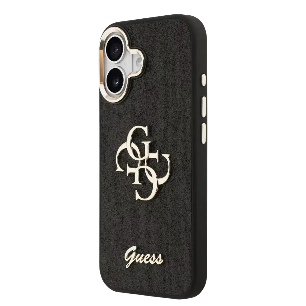 Guess PU Fixed Glitter 4G Metal Frame Hoesje – iPhone 17 Zwart - Back cover