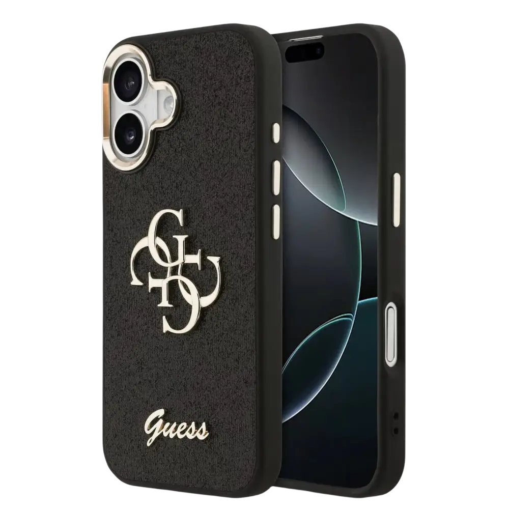 Guess PU Fixed Glitter 4G Metal Frame Hoesje – iPhone 17 Zwart - Back cover