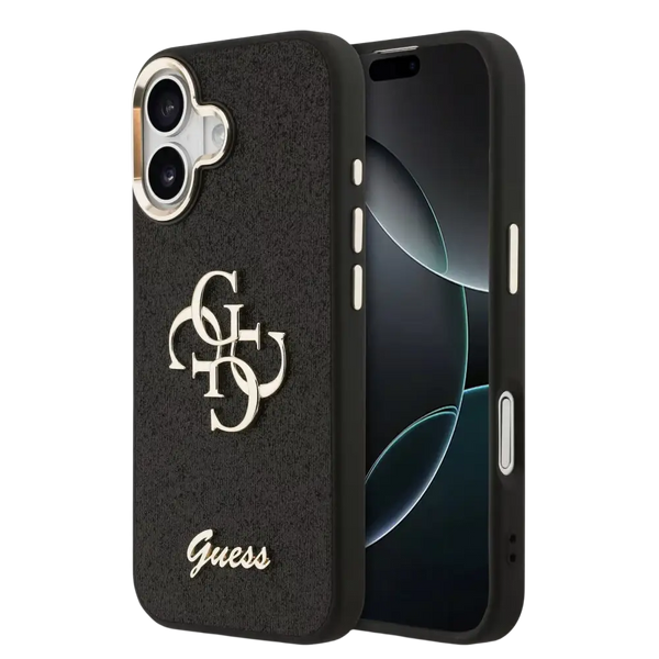 Guess PU Fixed Glitter 4G Metal Frame Hoesje – iPhone 17 Zwart - Back cover