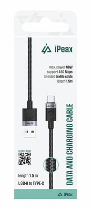 iPeax USB-C naar USB-A Kabel – 1,5 Meter Zwart voor Onverstoord Opladen