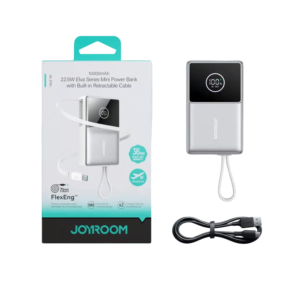 Joyroom Powerbank 10.000 mAh met Oprolbare USB-C Kabel – Wit
