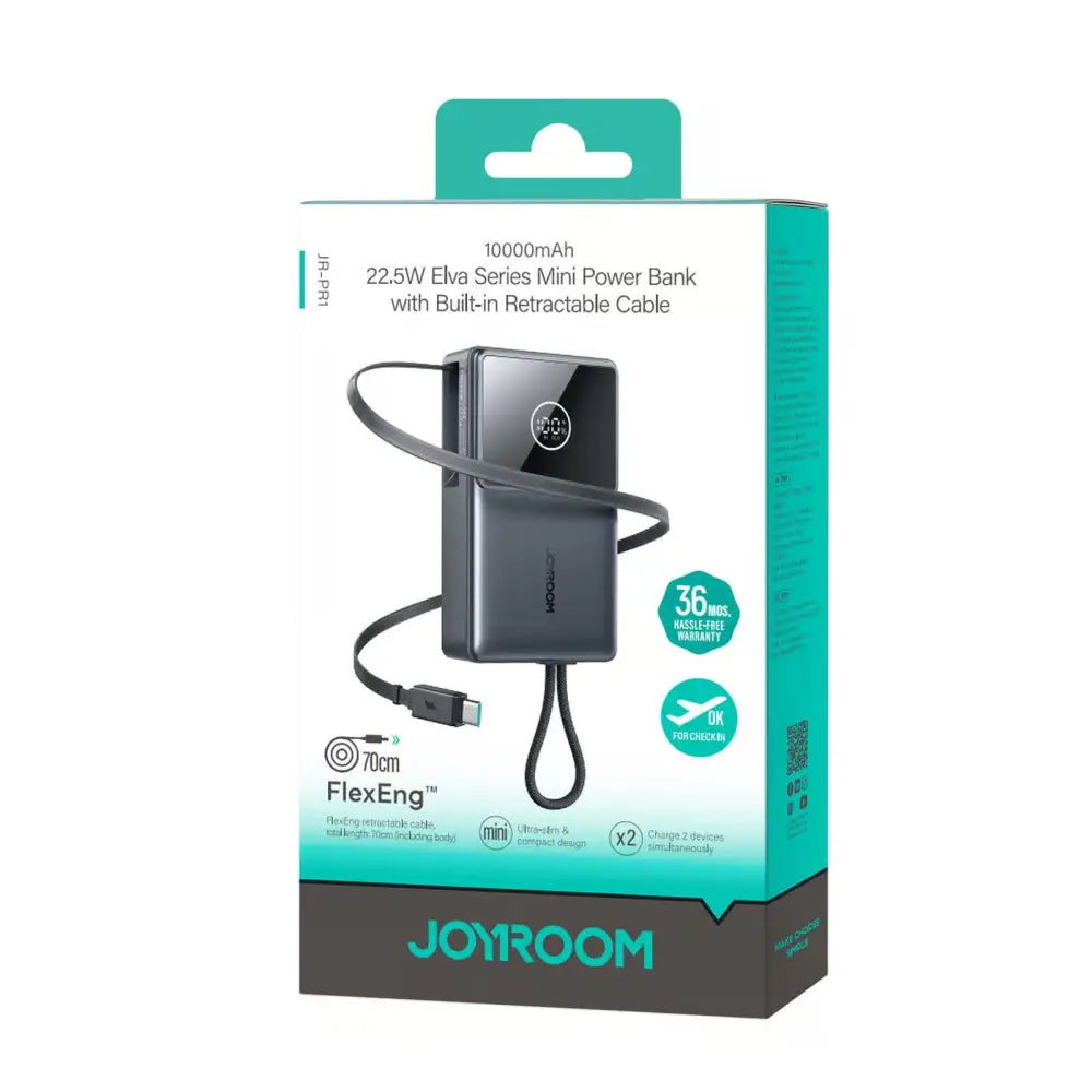 Joyroom Powerbank 10.000 mAh met Oprolbare USB-C Kabel – Zwart