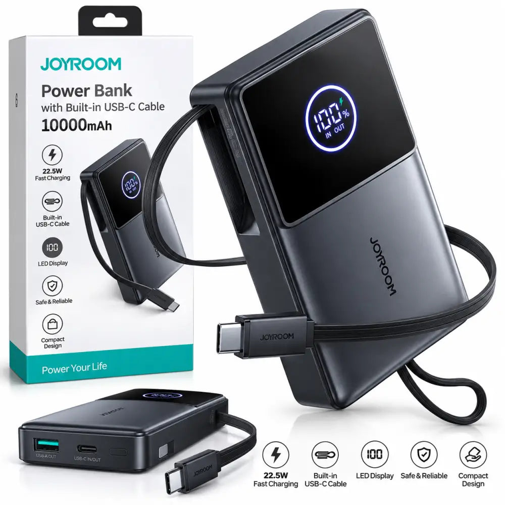 Joyroom Powerbank 10.000 mAh met Oprolbare USB-C Kabel – Zwart