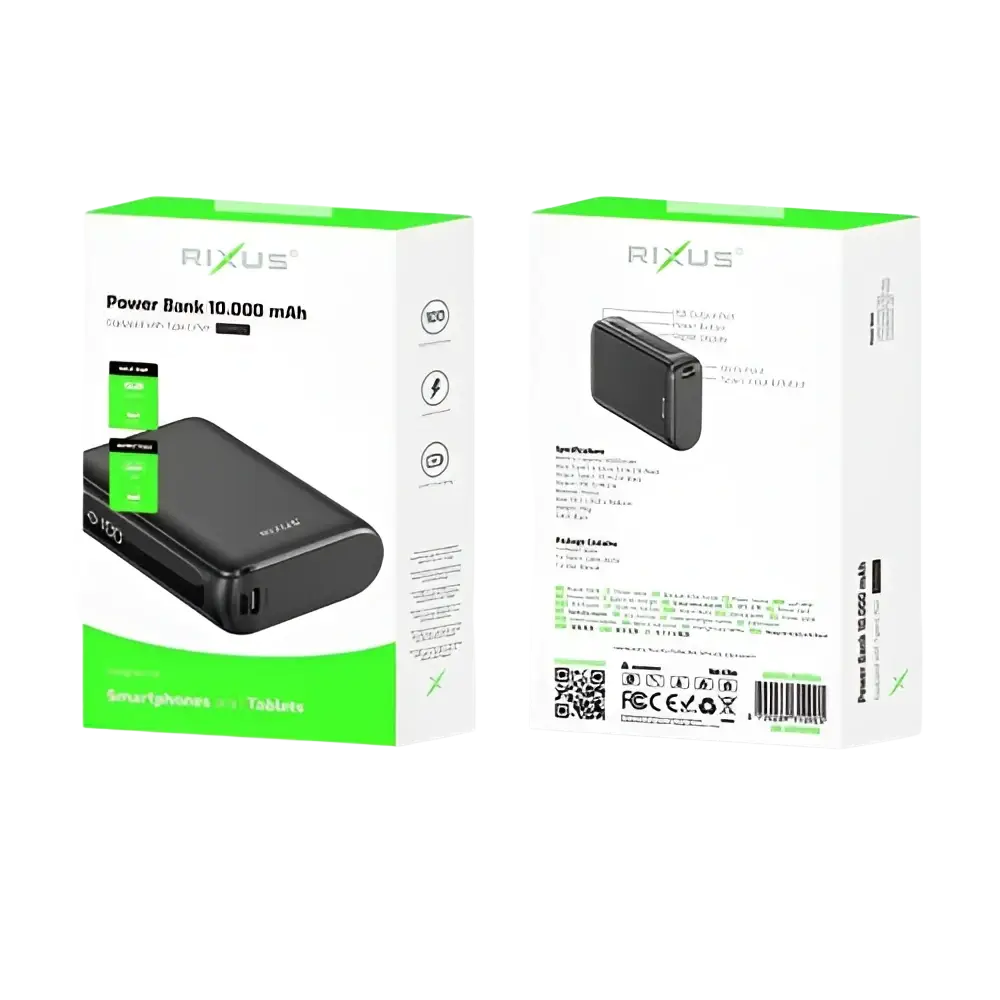 Rixus Compacte Powerbank 10.000 mAh met digitaal display – Zwart RXPB24