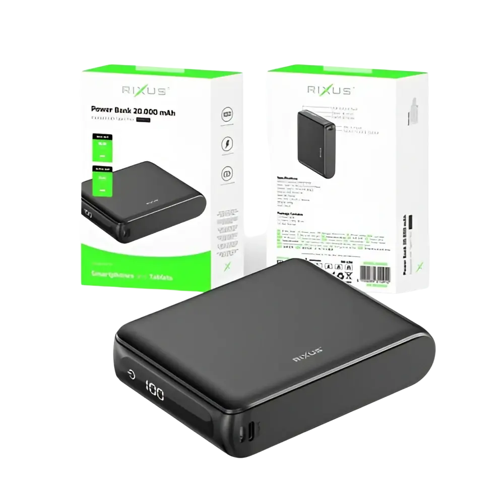 Rixus Compacte Powerbank 20.000 mAh met digitaal display – Zwart RXPB25