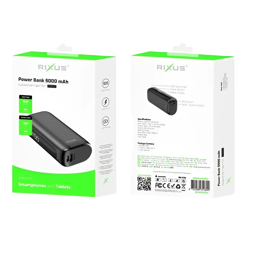 Rixus Compacte Powerbank 5.000 mAh met digitaal display – Zwart RXPB23