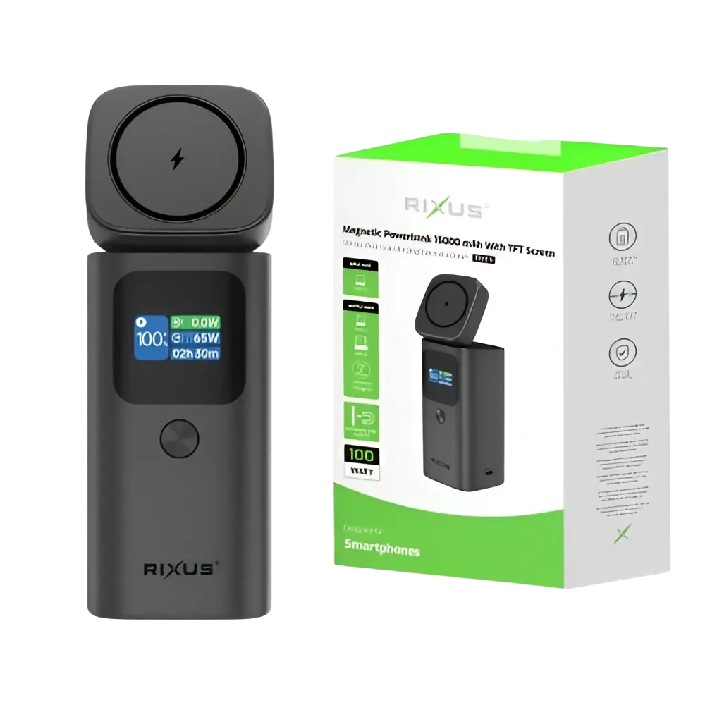 Rixus Magnetische Powerbank 15.000 mAh 100W met TFT-scherm – Donkergrijs RXPB15