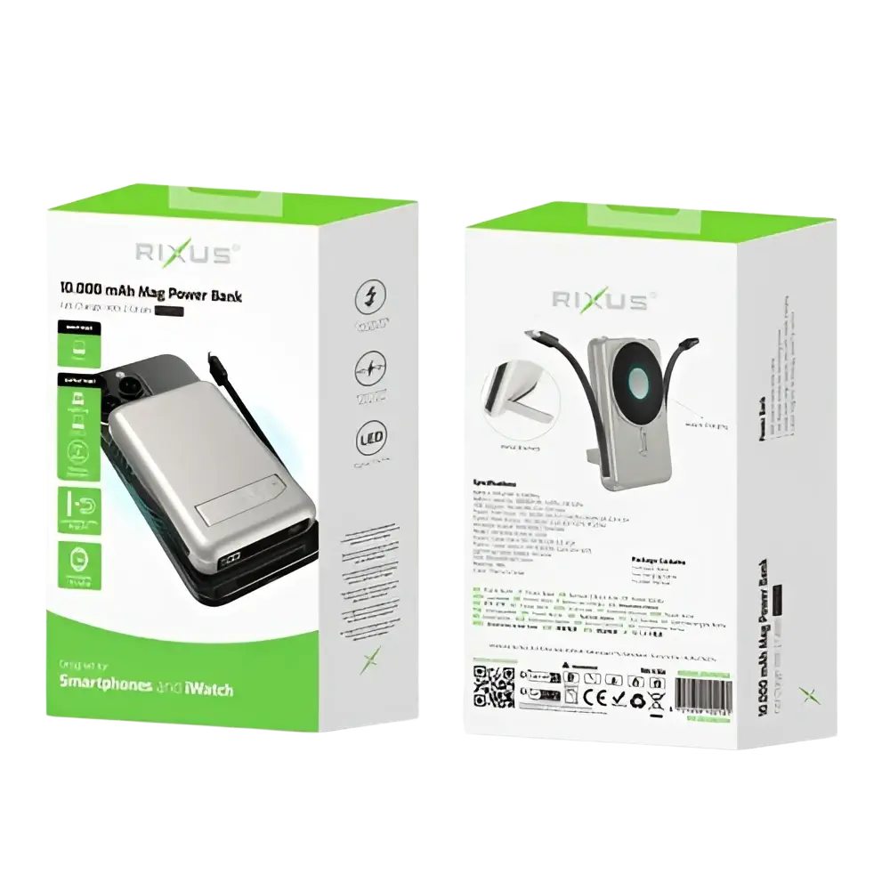 Rixus MagSafe Powerbank 10.000 mAh met ingebouwde kabel – Zilver RXPB76A