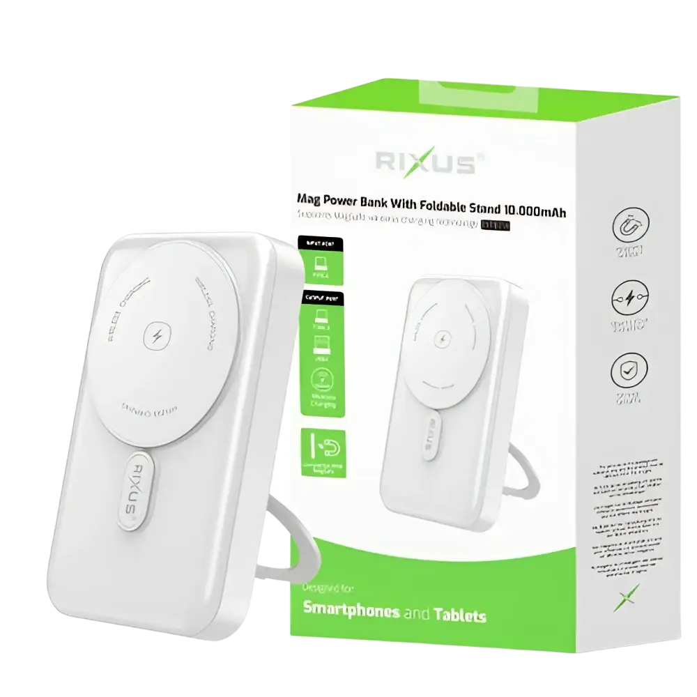 Rixus MagSafe Powerbank 10.000 mAh met uitklapbare standaard – Wit RXPB71A