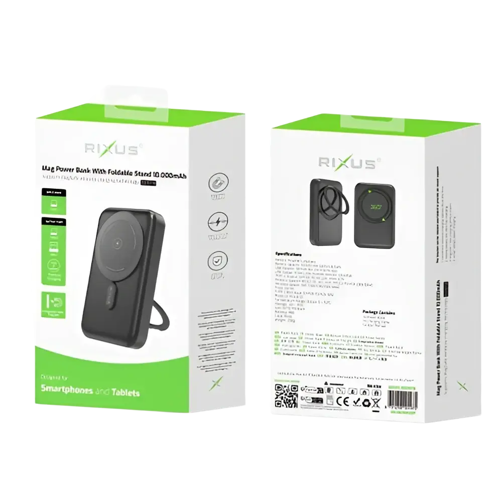 Rixus MagSafe Powerbank 10.000 mAh met uitklapbare standaard – Zwart RXPB71B
