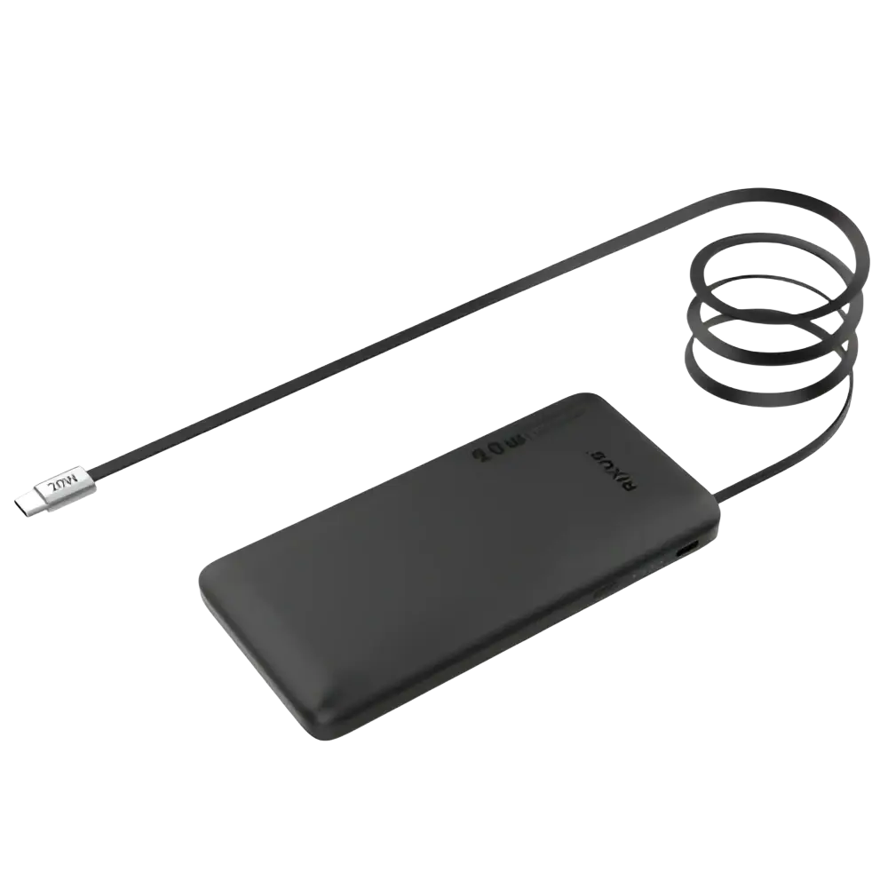 Rixus Powerbank 10.000 mAh 22,5W met ingebouwde USB-C-kabel 70 cm – Zwart RXPB08