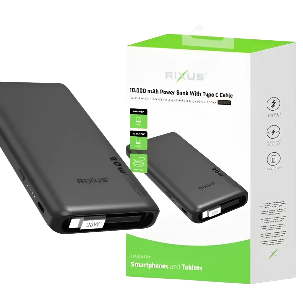 Rixus Powerbank 10.000 mAh 22,5W met ingebouwde USB-C-kabel 70 cm – Zwart RXPB08