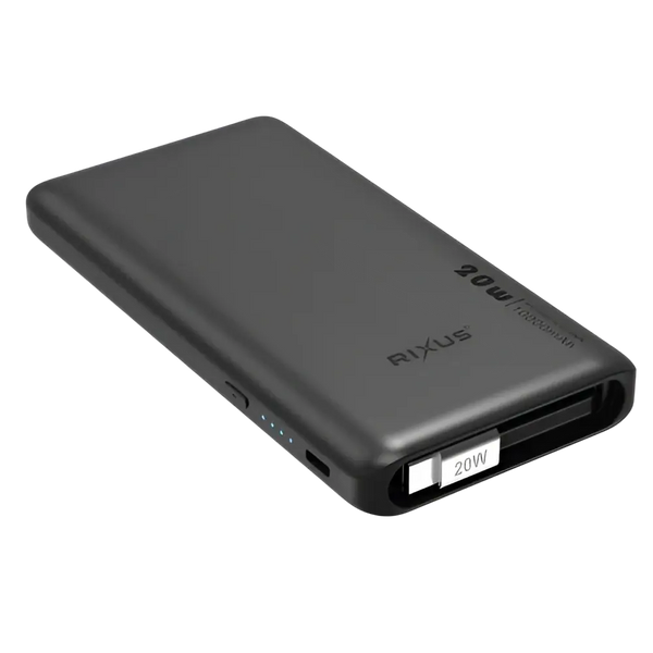 Rixus Powerbank 10.000 mAh 22,5W met ingebouwde USB-C-kabel 70 cm – Zwart RXPB08