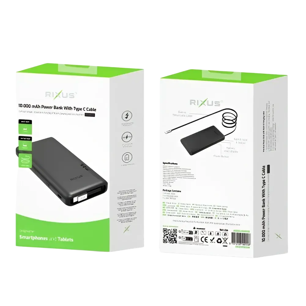 Rixus Powerbank 10.000 mAh 22,5W met ingebouwde USB-C-kabel 70 cm – Zwart RXPB08