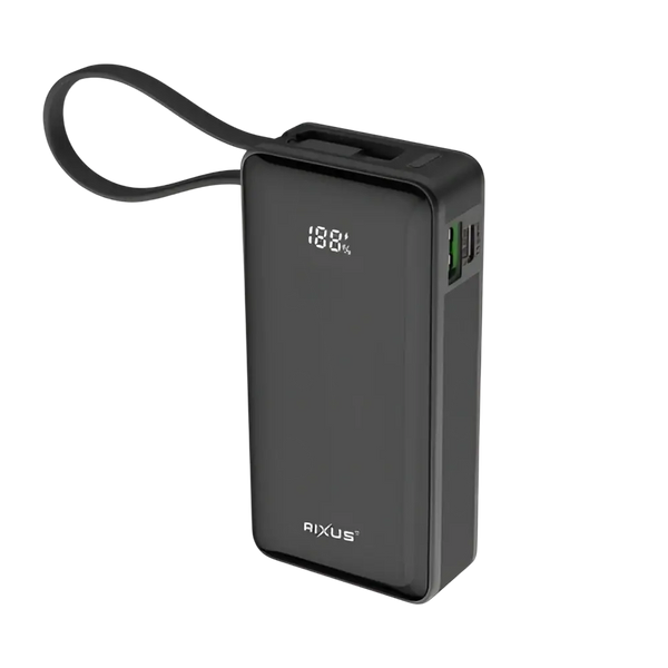 Rixus Powerbank 10.000 mAh met ingebouwde kabel en handstrap – Zwart RXPB01B