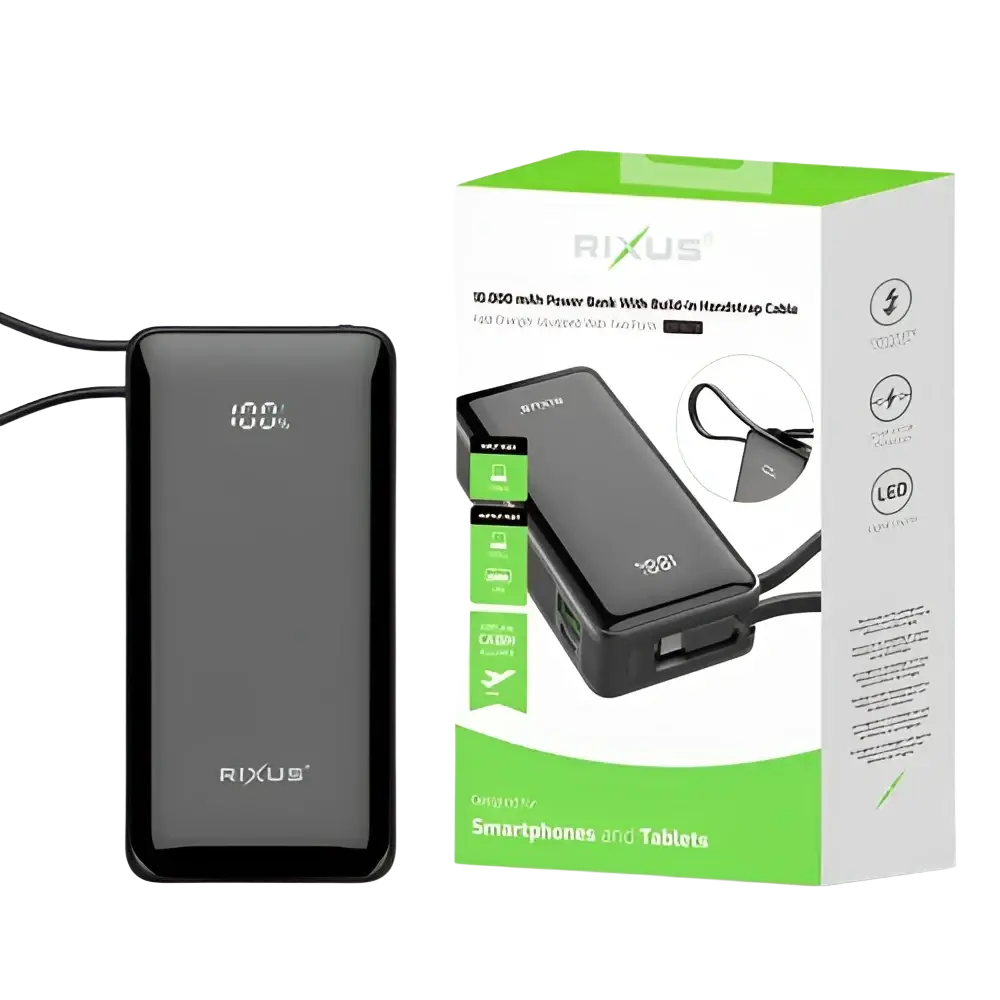 Rixus Powerbank 10.000 mAh met ingebouwde kabel en handstrap – Zwart RXPB01B