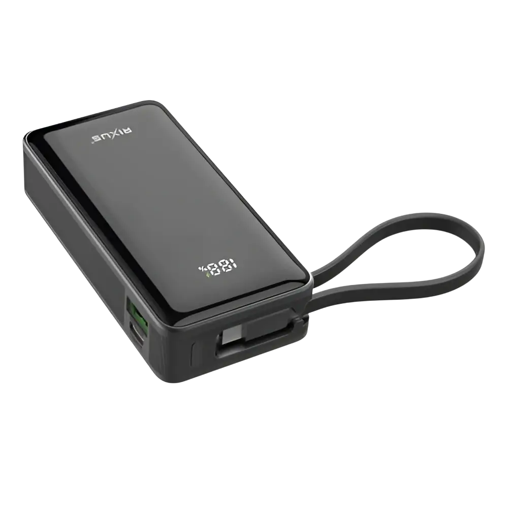 Rixus Powerbank 10.000 mAh met ingebouwde kabel en handstrap – Zwart RXPB01B