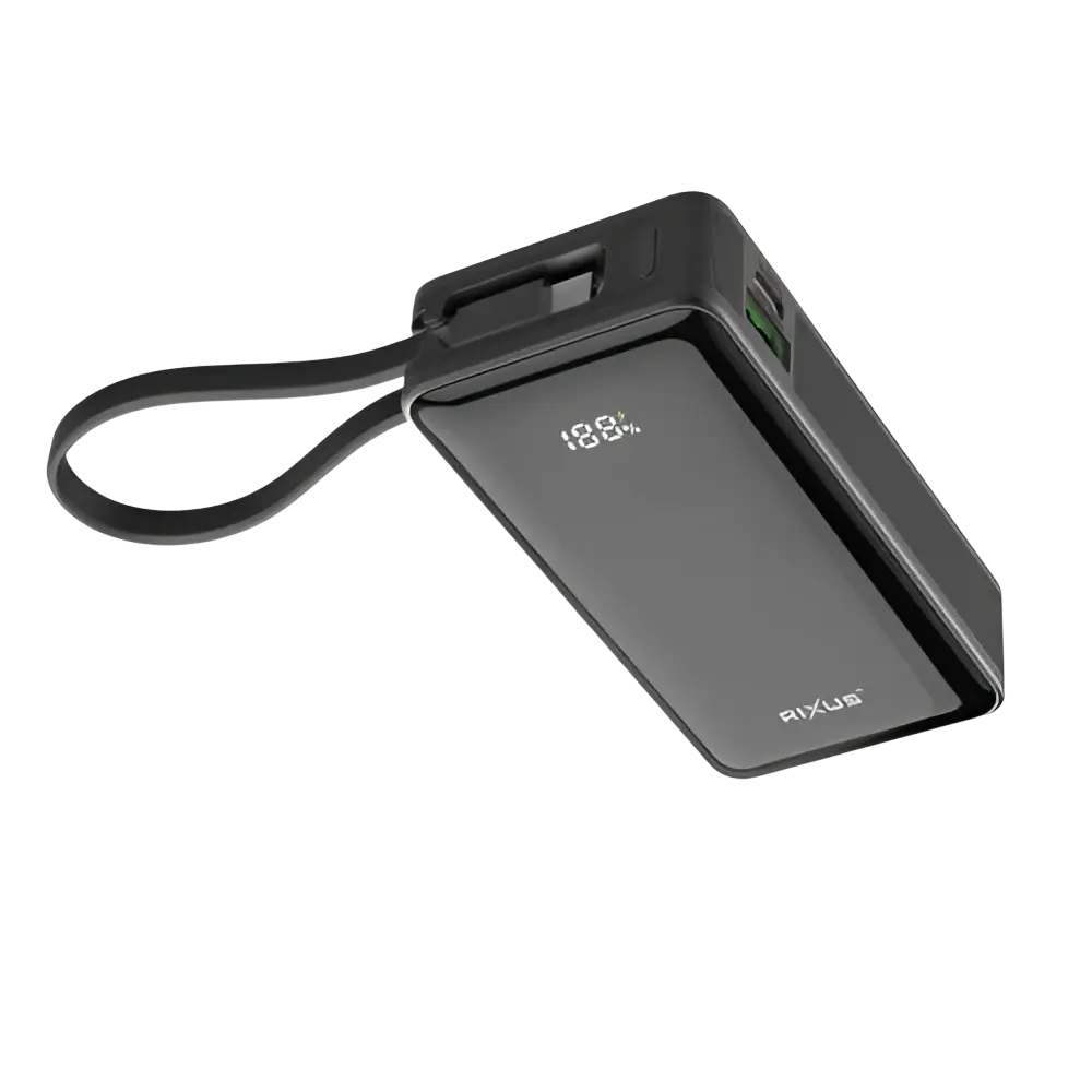 Rixus Powerbank 10.000 mAh met ingebouwde kabel en handstrap – Zwart RXPB01B