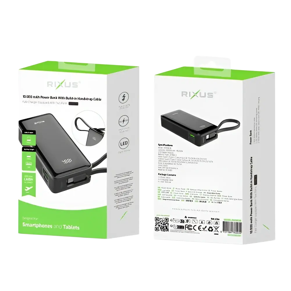 Rixus Powerbank 10.000 mAh met ingebouwde kabel en handstrap – Zwart RXPB01B