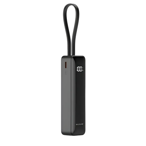 Rixus Powerbank 5.000 mAh met display en ingebouwde USB-C-kabel – Zwart RXPB03B
