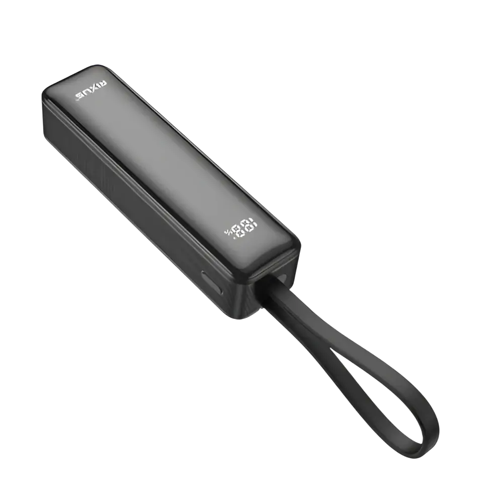 Rixus Powerbank 5.000 mAh met display en ingebouwde USB-C-kabel – Zwart RXPB03B
