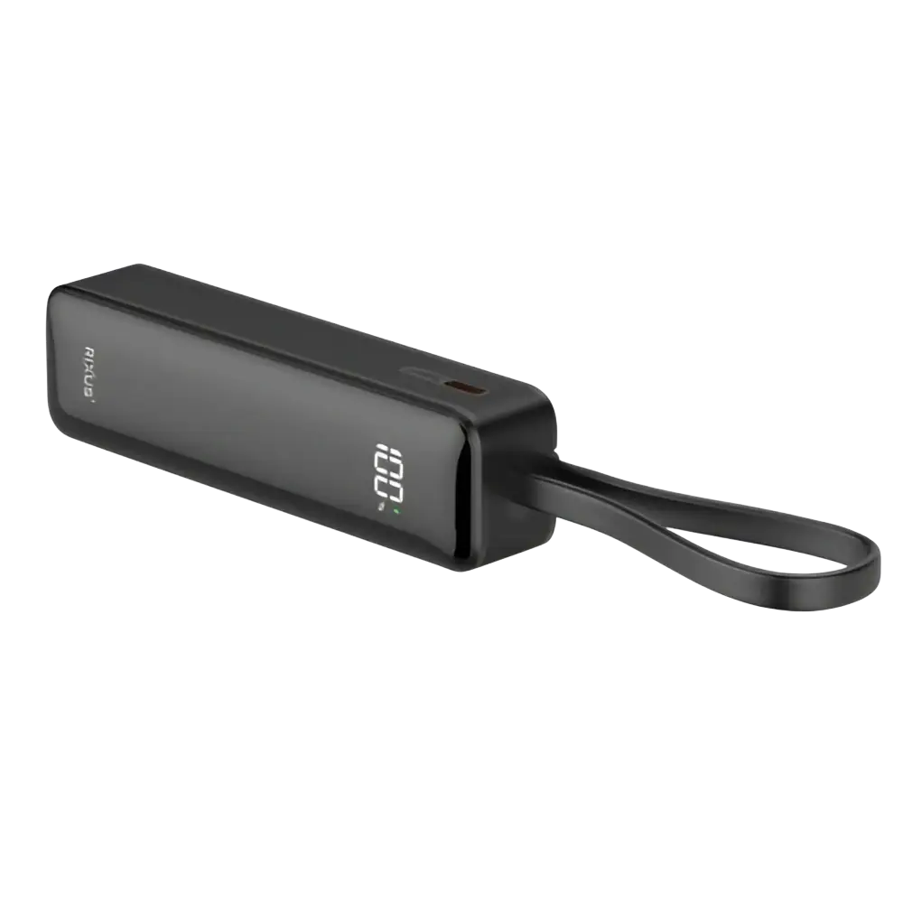 Rixus Powerbank 5.000 mAh met display en ingebouwde USB-C-kabel – Zwart RXPB03B