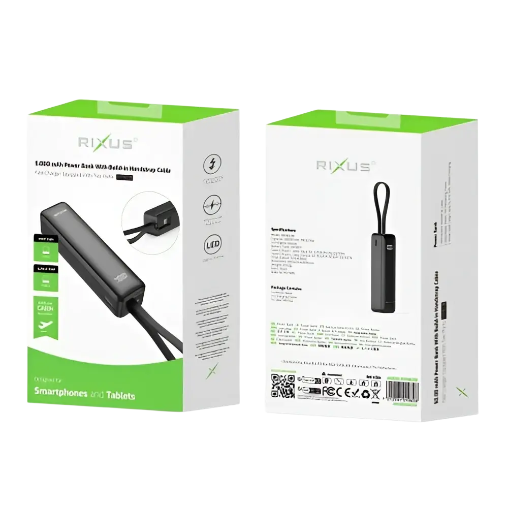 Rixus Powerbank 5.000 mAh met display en ingebouwde USB-C-kabel – Zwart RXPB03B