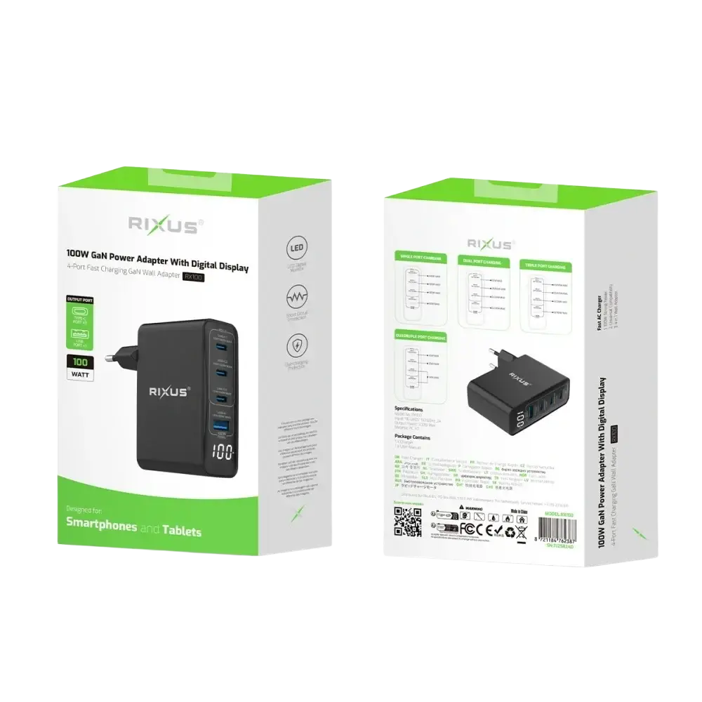 Rixus RX100 GaN Power Adapter met Digitaal Display – 100W Zwart - Oplader