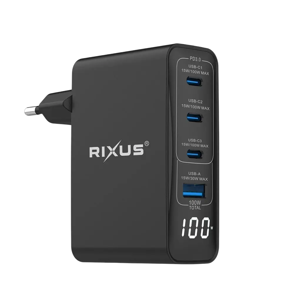 Rixus RX100 GaN Power Adapter met Digitaal Display – 100W Zwart - Oplader