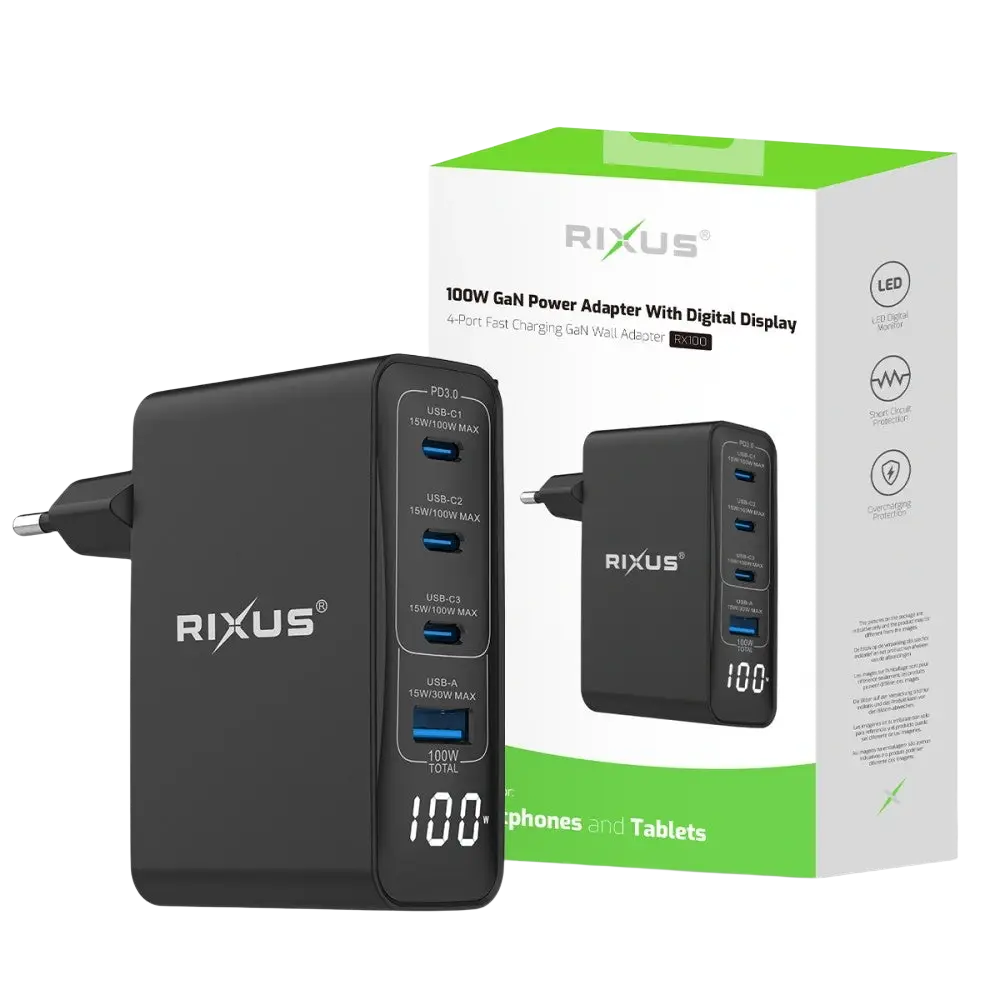 Rixus RX100 GaN Power Adapter met Digitaal Display – 100W Zwart - Oplader