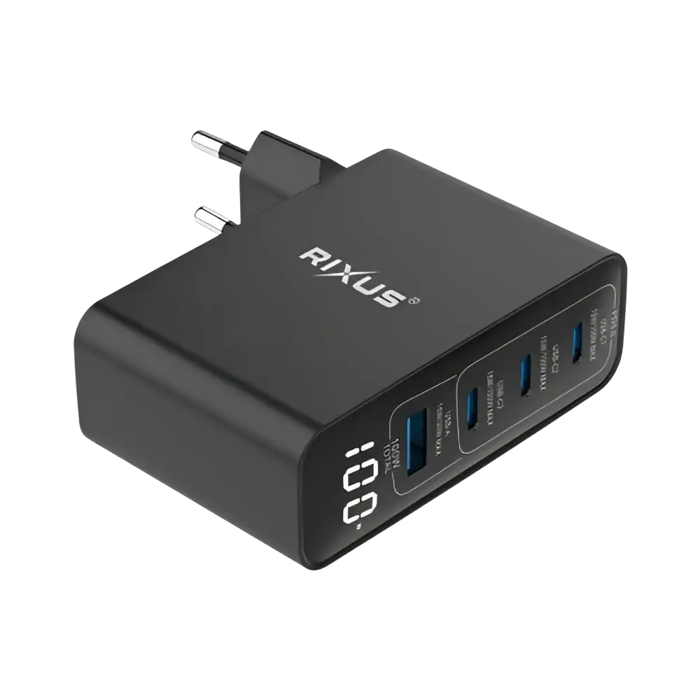 Rixus RX100 GaN Power Adapter met Digitaal Display – 100W Zwart - Oplader