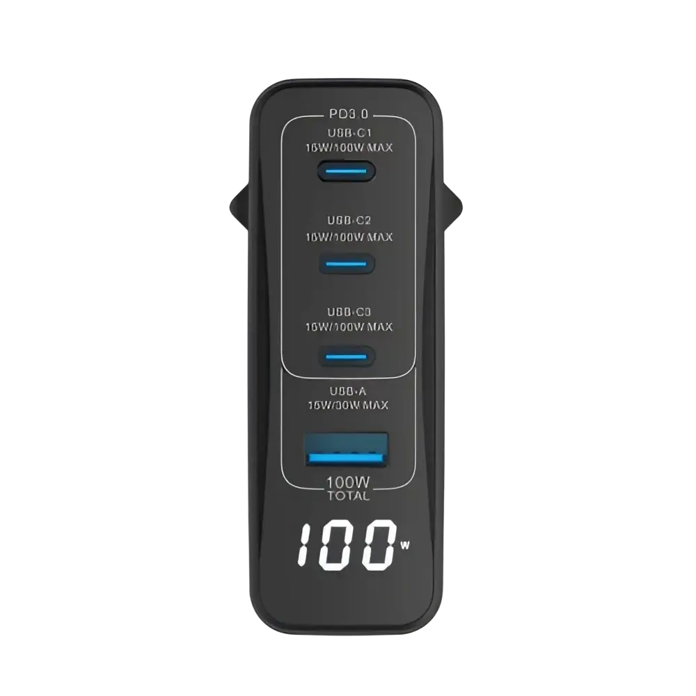 Rixus RX100 GaN Power Adapter met Digitaal Display – 100W Zwart - Oplader