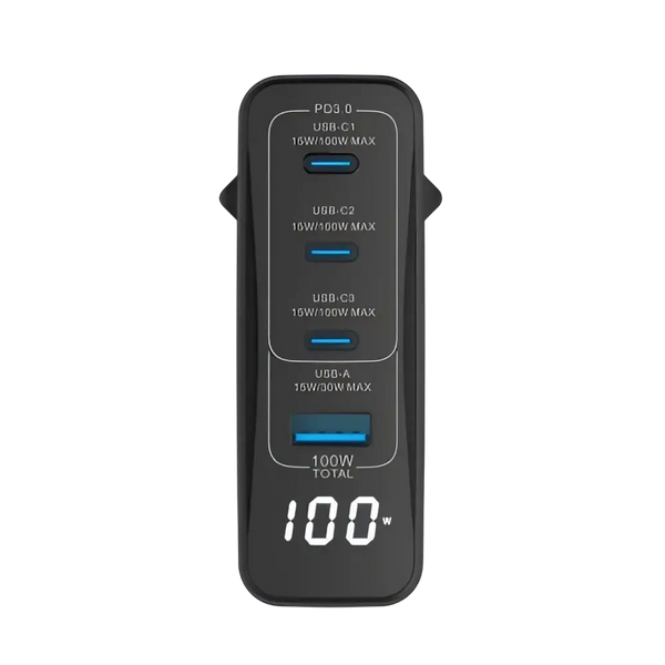 Rixus RX100 GaN Power Adapter met Digitaal Display – 100W Zwart - Oplader