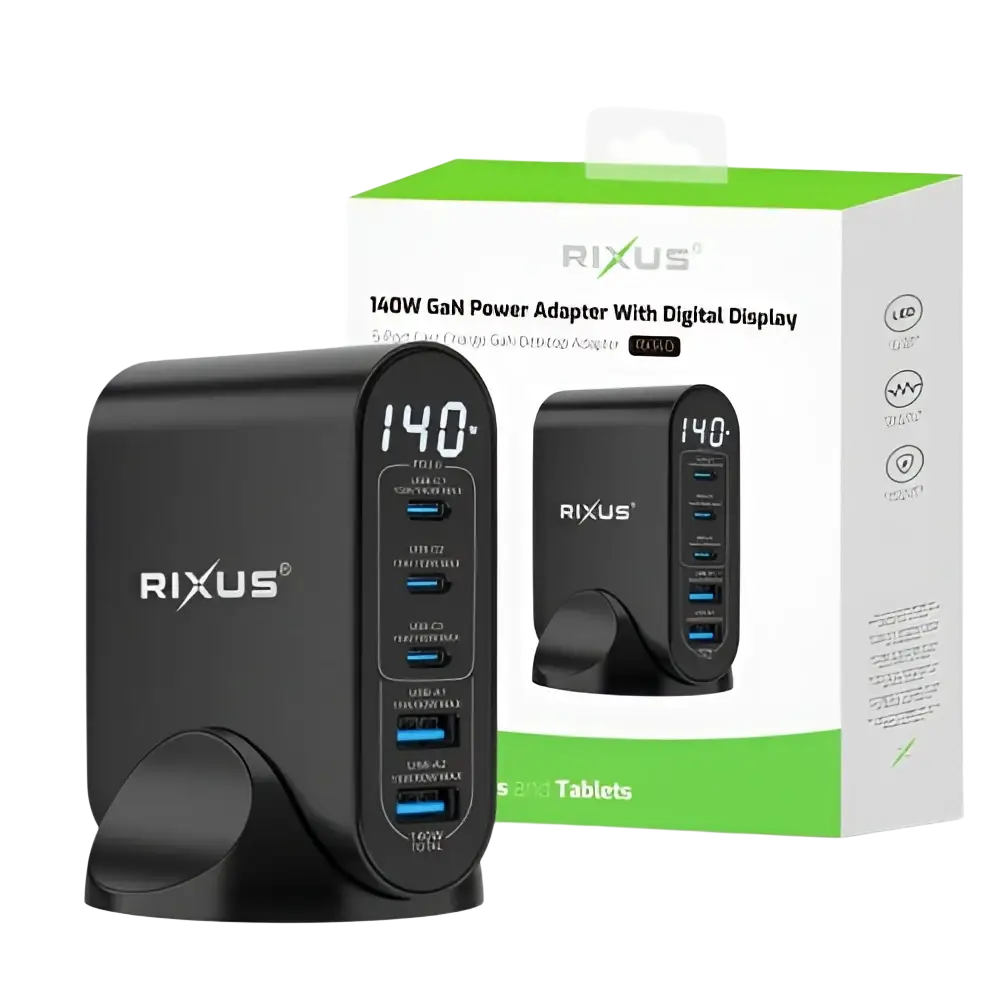 Rixus RX140 GaN Power Adapter met Digitaal Display – 140W Zwart - Oplader
